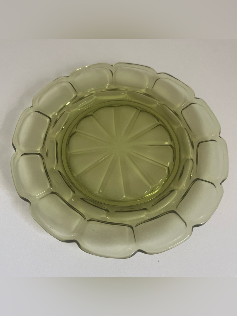 Olive Green Glass Serving Platter - Decorative Scalloped Rim